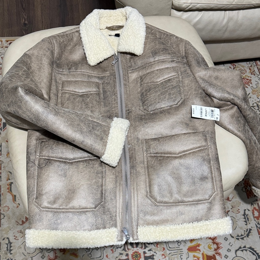 INC International Concepts Brown Bomber Jacket with Cream Accents